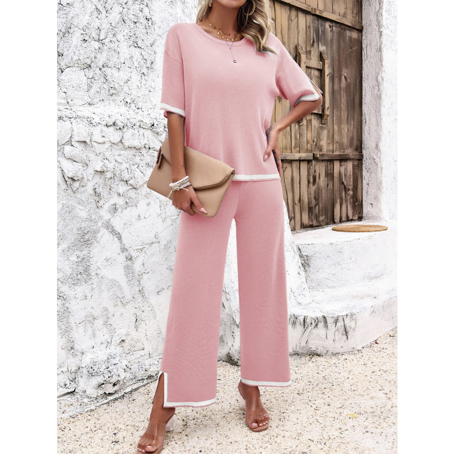 Contrast Trim Round Neck Top and Pants Set Apparel and Accessories