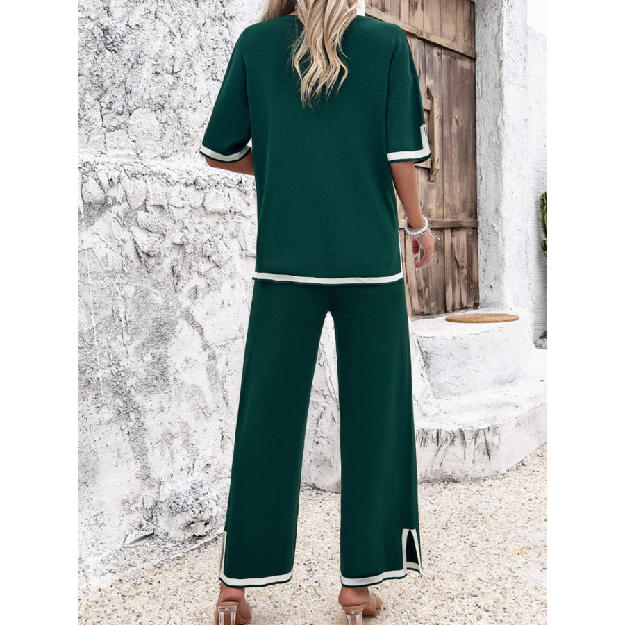 Contrast Trim Round Neck Top and Pants Set Apparel and Accessories