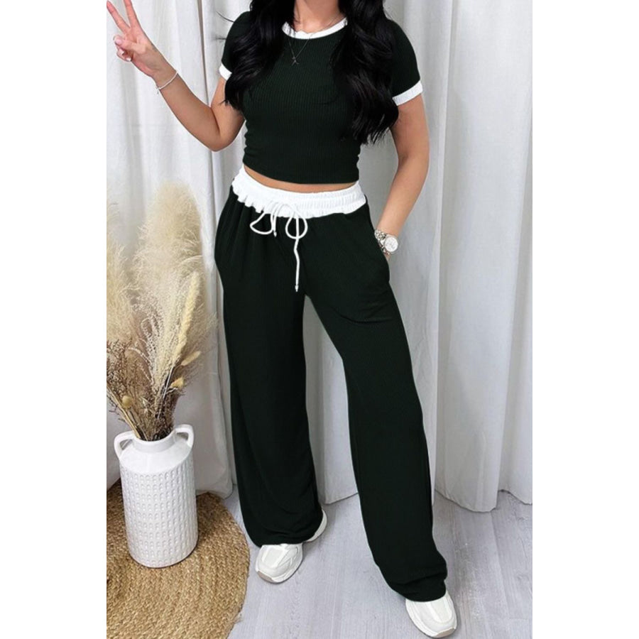 Contrast Trim Round Neck Top and Pants Set Apparel and Accessories