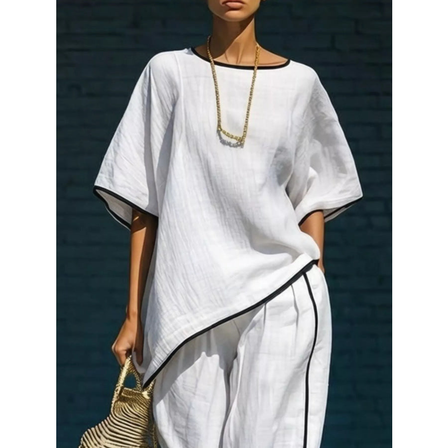 Contrast Trim Round Neck Top and Pants Set Apparel and Accessories