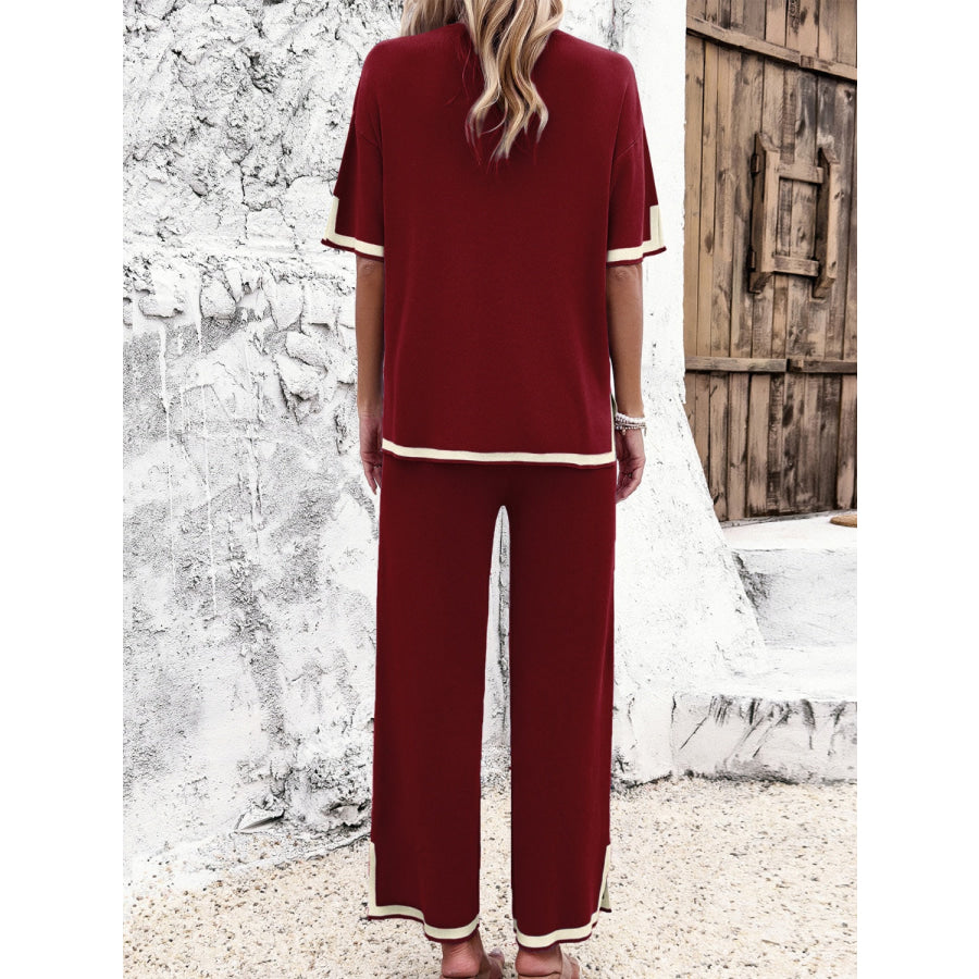 Contrast Trim Round Neck Top and Pants Set Apparel and Accessories