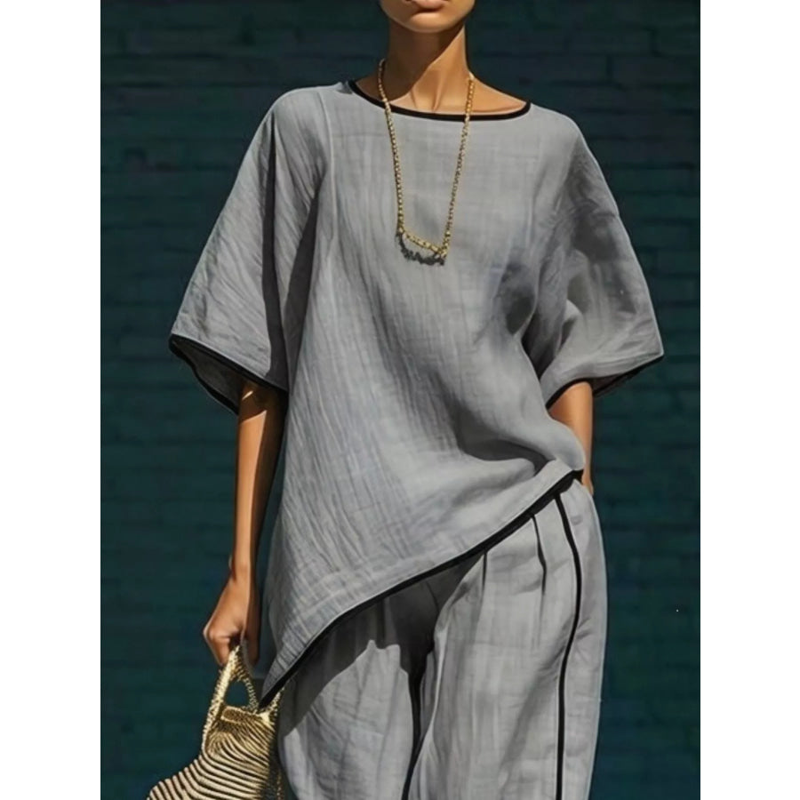 Contrast Trim Round Neck Top and Pants Set Apparel and Accessories