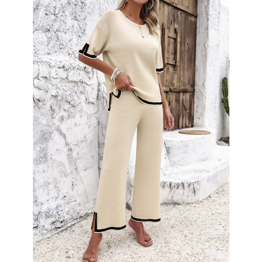 Contrast Trim Round Neck Top and Pants Set Apparel and Accessories