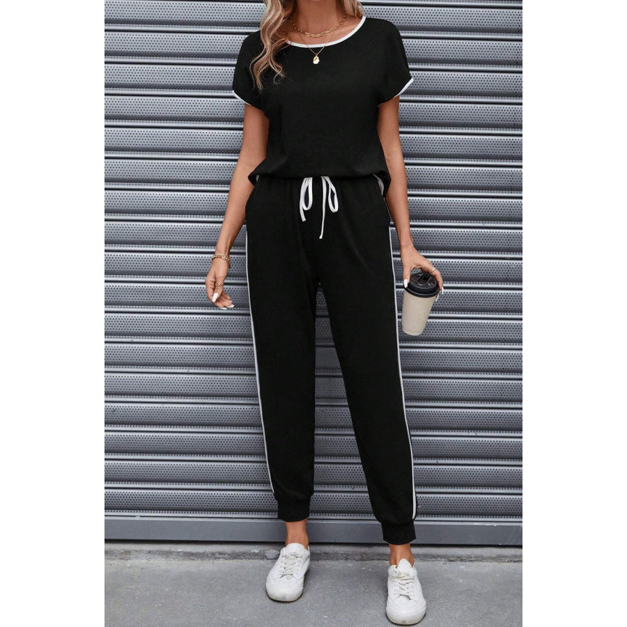 Contrast Trim Round Neck Top and Pants Set Black / S Apparel and Accessories