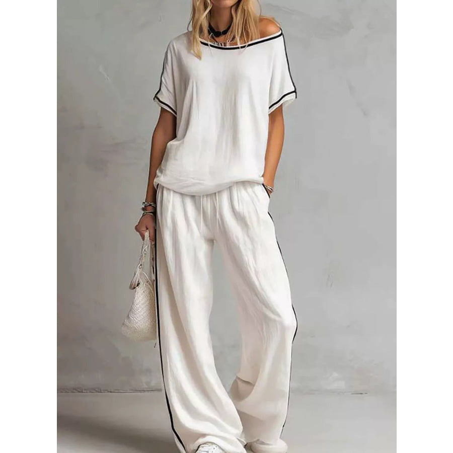Contrast Trim Round Neck Top and Pants Set Black / S Apparel Accessories