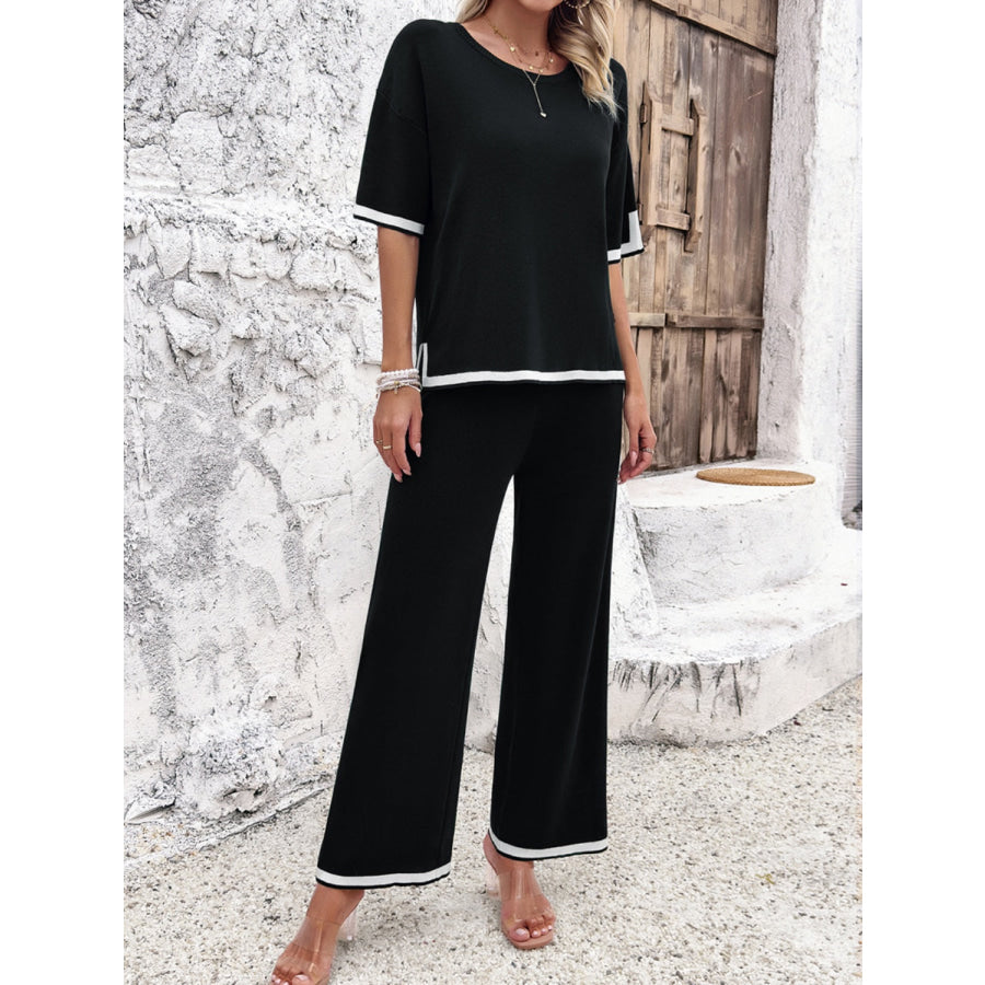 Contrast Trim Round Neck Top and Pants Set Black / S Apparel and Accessories