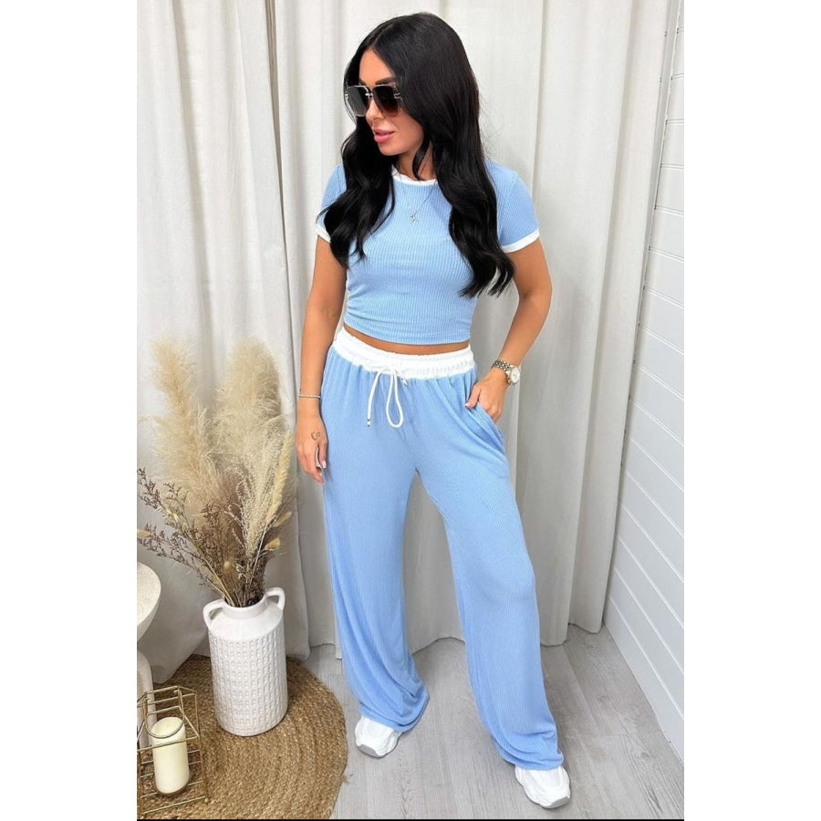 Contrast Trim Round Neck Top and Pants Set Blue / S Apparel and Accessories