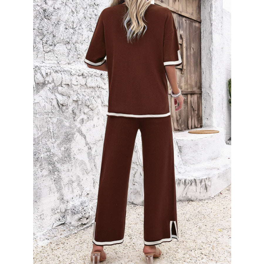 Contrast Trim Round Neck Top and Pants Set Brown / S Apparel and Accessories