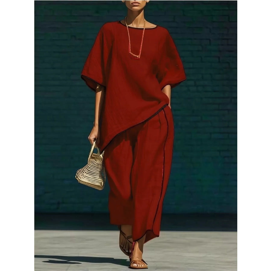 Contrast Trim Round Neck Top and Pants Set Burgundy / S Apparel and Accessories