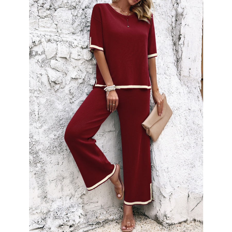 Contrast Trim Round Neck Top and Pants Set Burgundy / S Apparel and Accessories