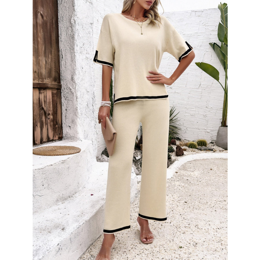 Contrast Trim Round Neck Top and Pants Set Cream / S Apparel and Accessories