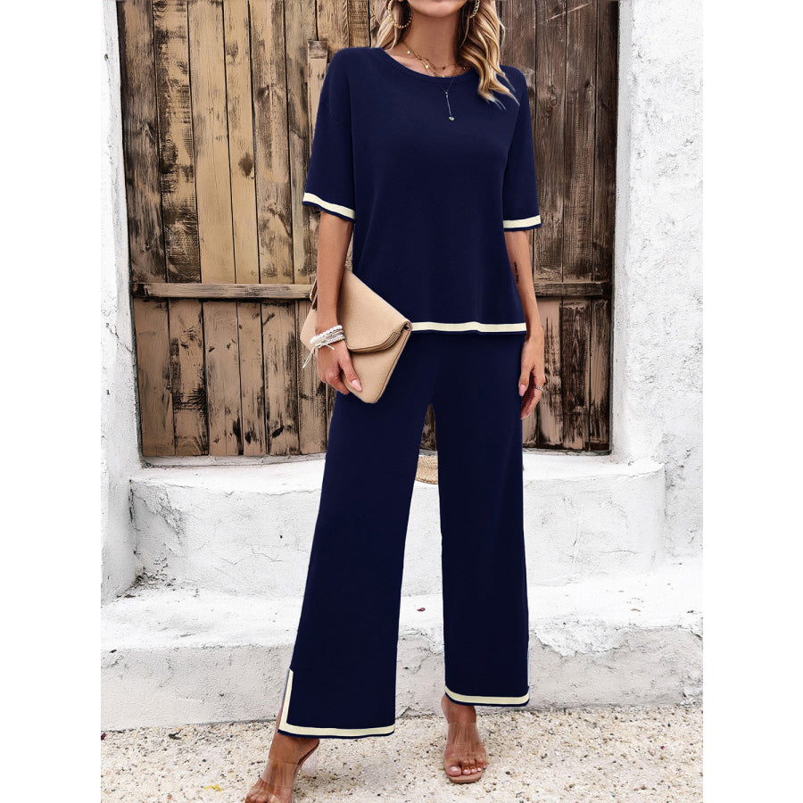 Contrast Trim Round Neck Top and Pants Set Dark Blue / S Apparel and Accessories