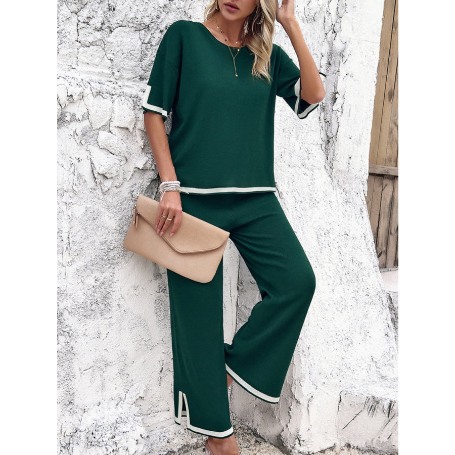 Contrast Trim Round Neck Top and Pants Set Dark Green / S Apparel and Accessories