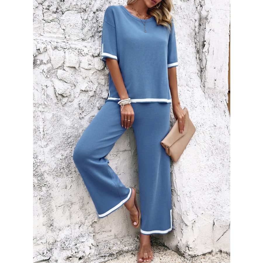 Contrast Trim Round Neck Top and Pants Set Dusty Blue / S Apparel and Accessories