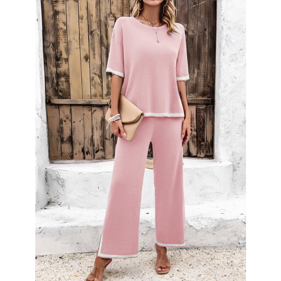 Contrast Trim Round Neck Top and Pants Set Dusty Pink / S Apparel and Accessories