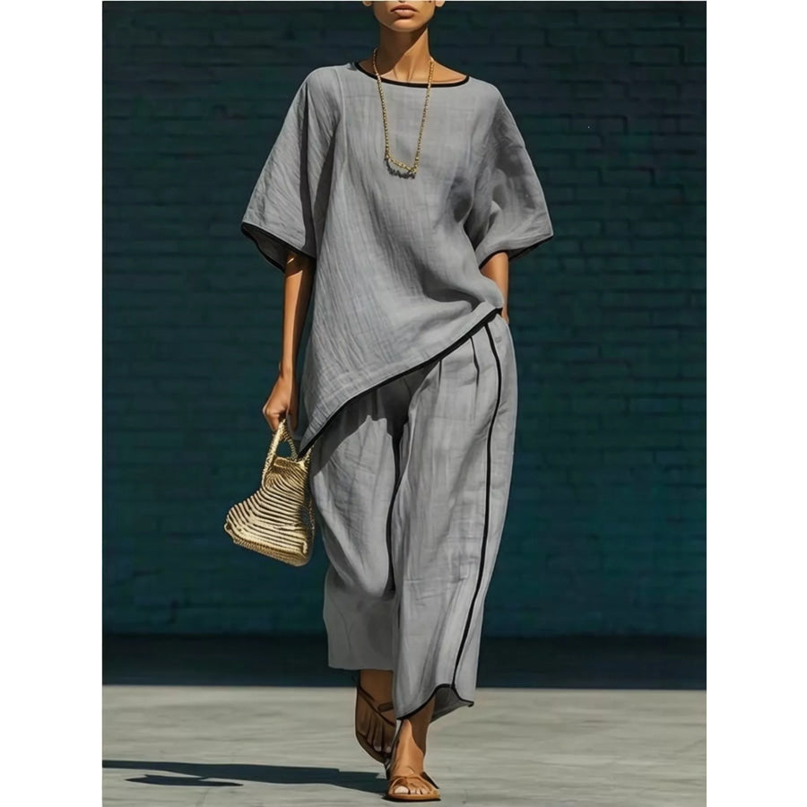 Contrast Trim Round Neck Top and Pants Set Gray / S Apparel and Accessories