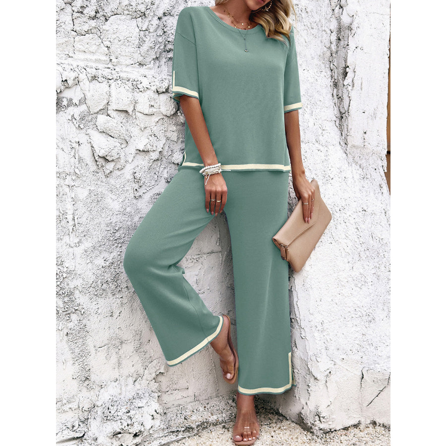 Contrast Trim Round Neck Top and Pants Set Gum Leaf / M Apparel and Accessories