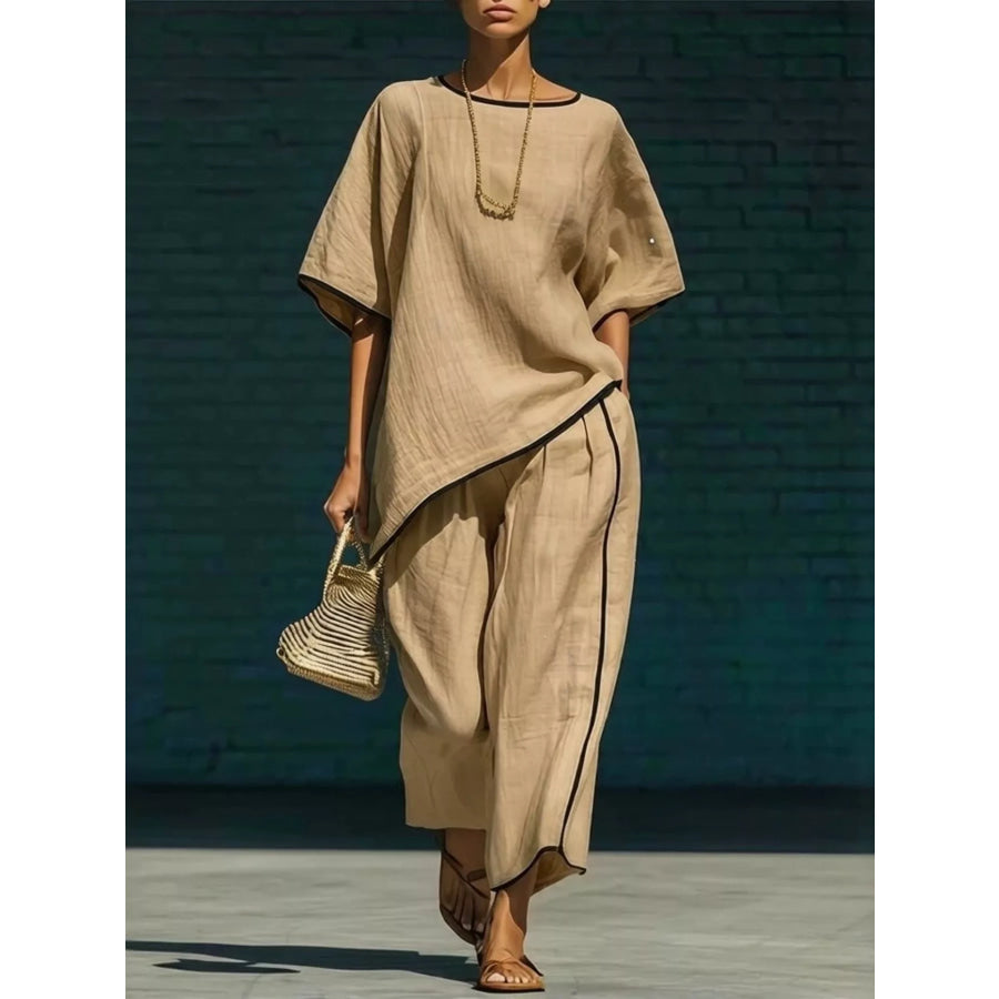 Contrast Trim Round Neck Top and Pants Set Khaki / S Apparel and Accessories