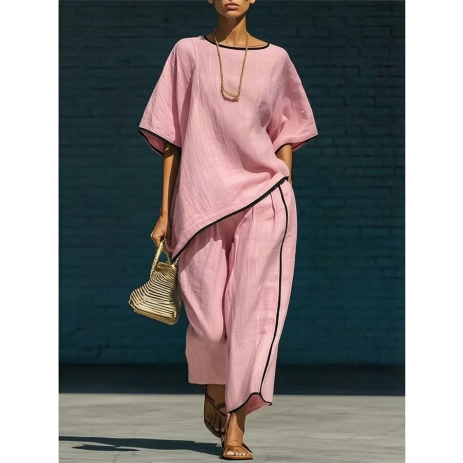 Contrast Trim Round Neck Top and Pants Set Pink / S Apparel and Accessories