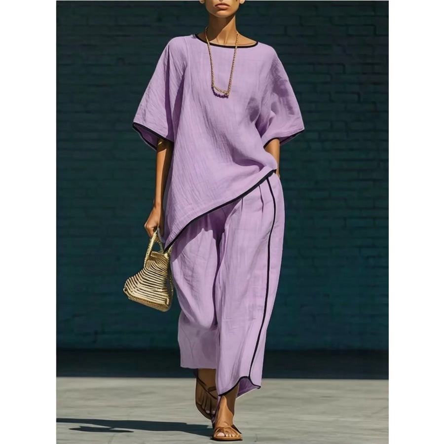 Contrast Trim Round Neck Top and Pants Set Purple / S Apparel and Accessories