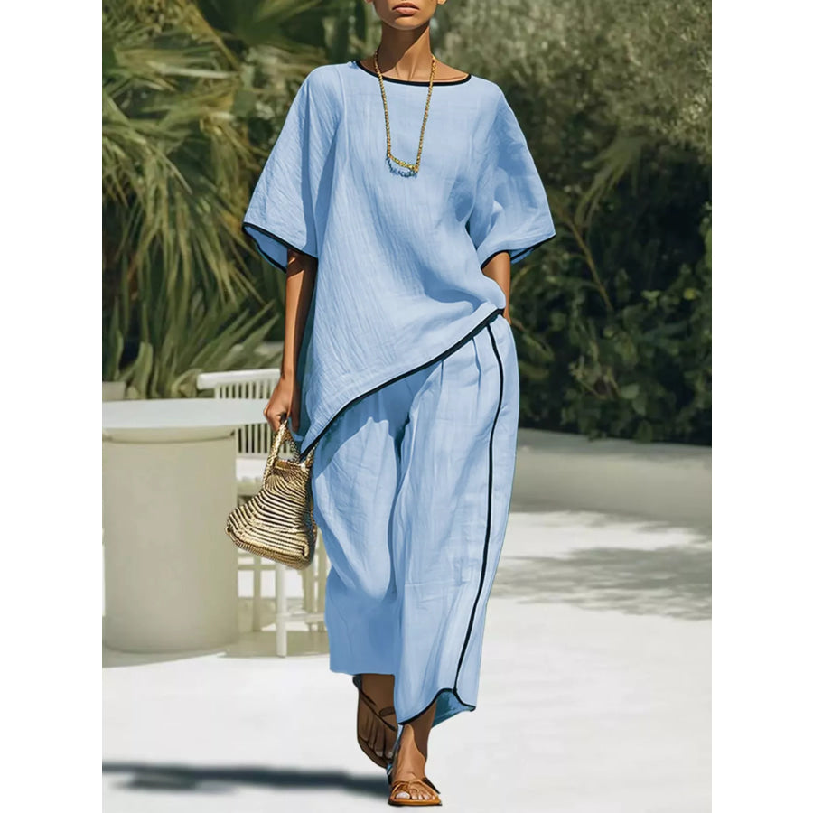 Contrast Trim Round Neck Top and Pants Set Sky Blue / S Apparel and Accessories
