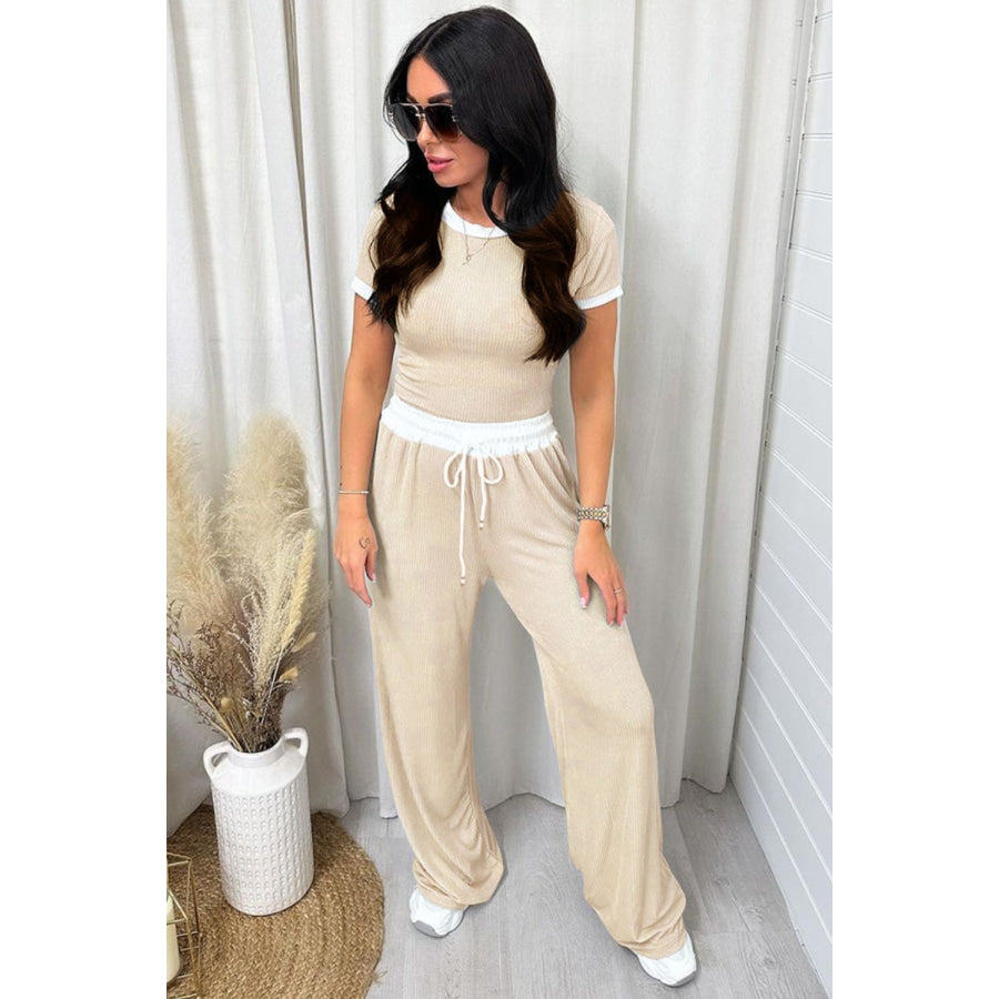 Contrast Trim Round Neck Top and Pants Set Tan / S Apparel and Accessories