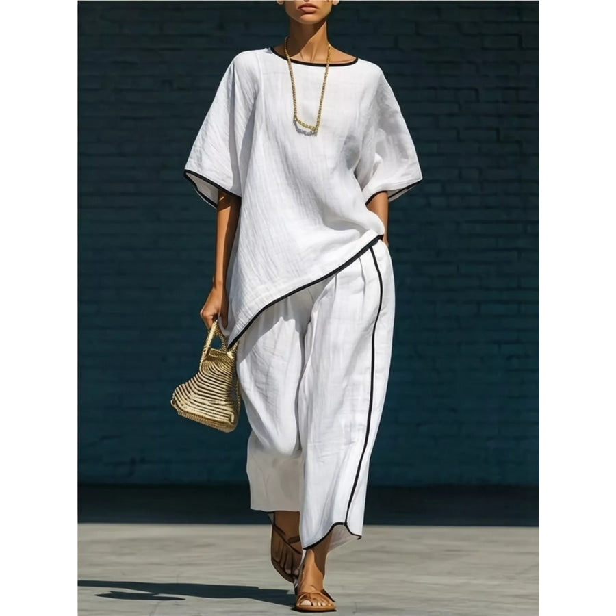 Contrast Trim Round Neck Top and Pants Set White / S Apparel and Accessories