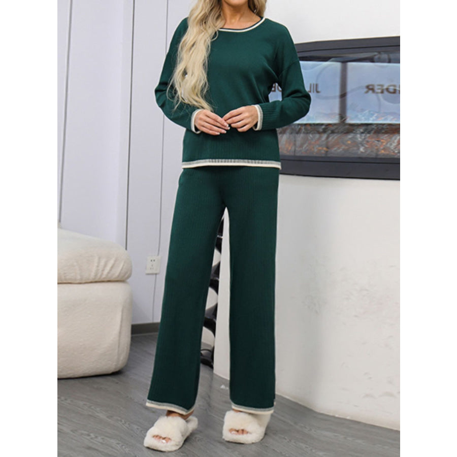 Contrast Trim Round Neck Top and Pants Sweater Set Apparel and Accessories