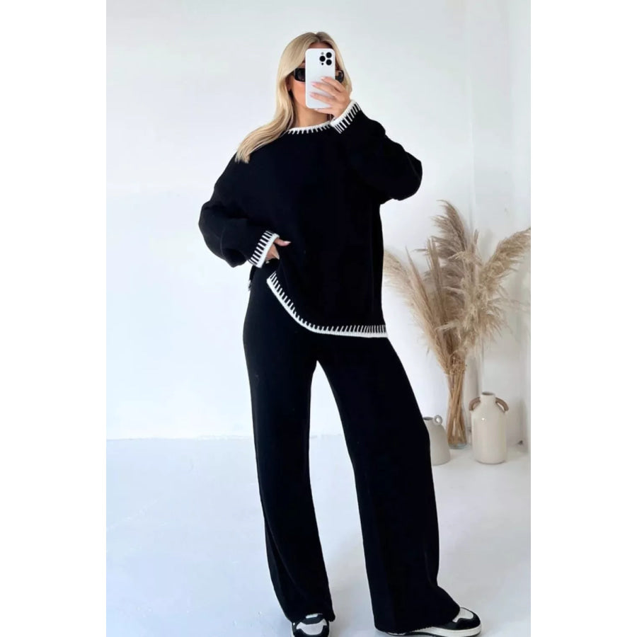 Contrast Trim Round Neck Top and Pants Sweater Set Apparel and Accessories