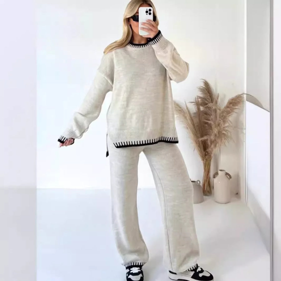 Contrast Trim Round Neck Top and Pants Sweater Set Apparel and Accessories