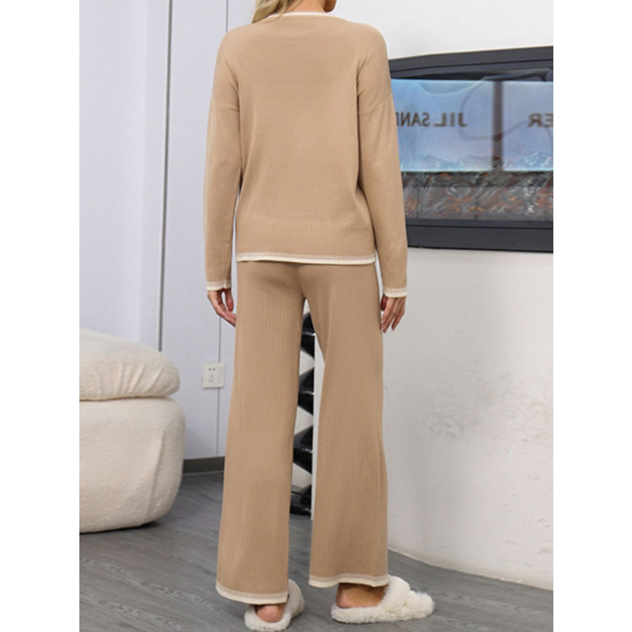 Contrast Trim Round Neck Top and Pants Sweater Set Apparel and Accessories