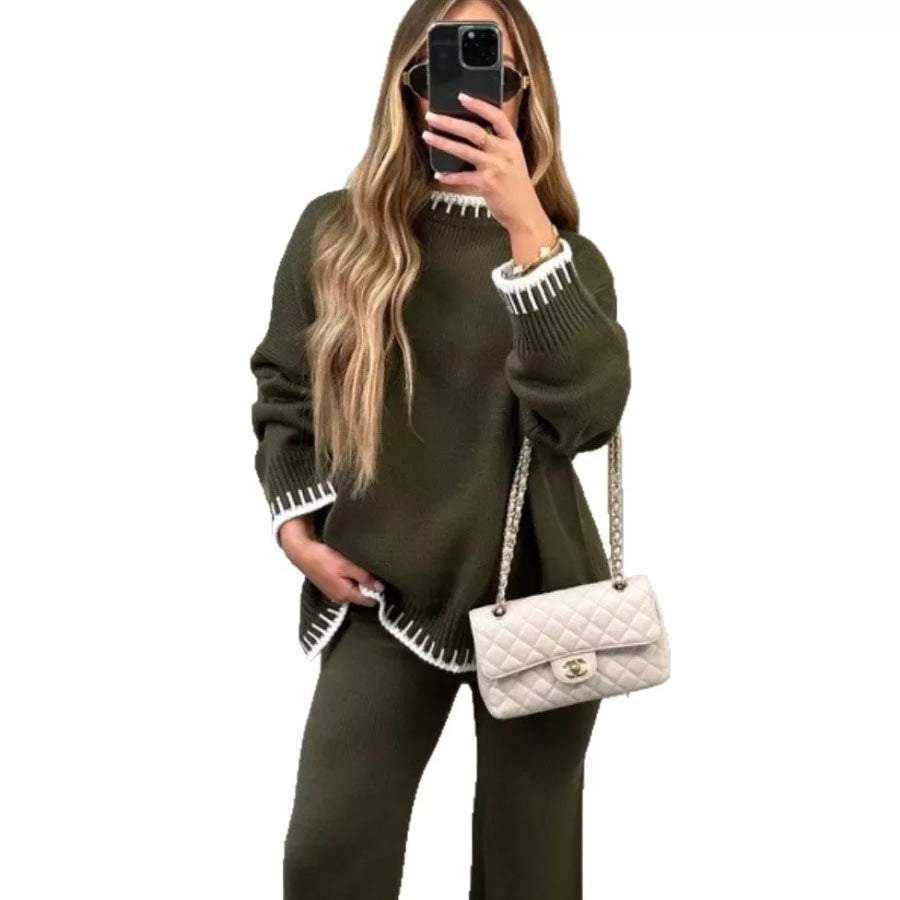 Contrast Trim Round Neck Top and Pants Sweater Set Apparel and Accessories