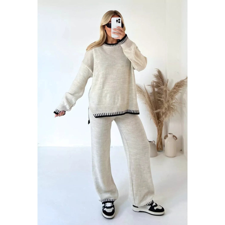 Contrast Trim Round Neck Top and Pants Sweater Set Apparel and Accessories