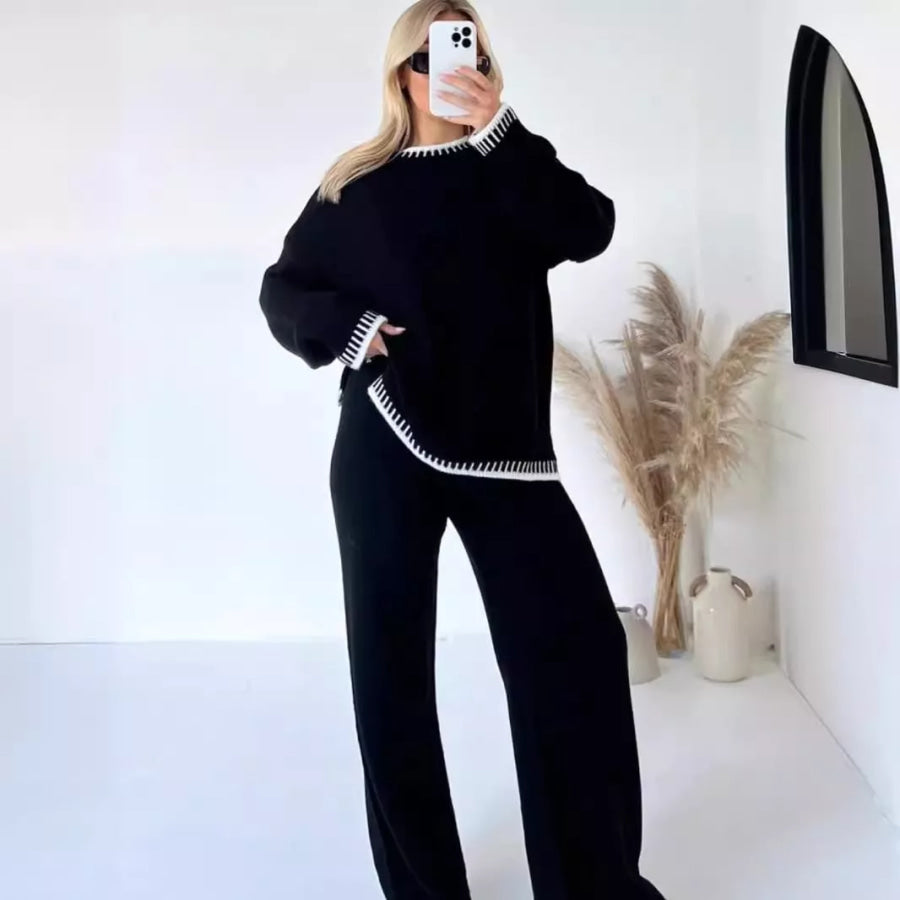 Contrast Trim Round Neck Top and Pants Sweater Set Apparel and Accessories