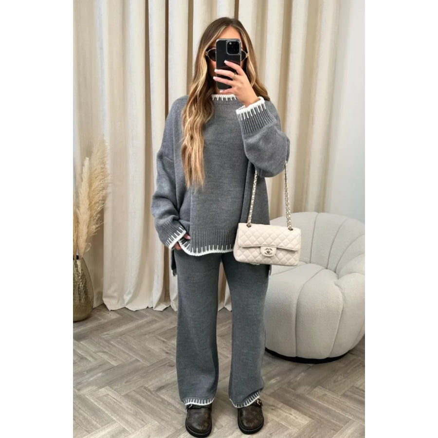 Contrast Trim Round Neck Top and Pants Sweater Set Apparel and Accessories