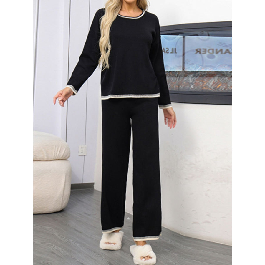 Contrast Trim Round Neck Top and Pants Sweater Set Apparel and Accessories