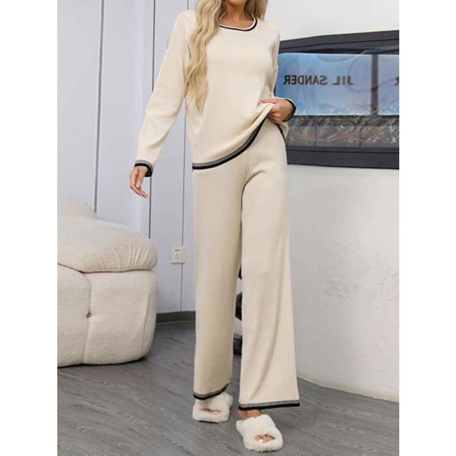 Contrast Trim Round Neck Top and Pants Sweater Set Apparel and Accessories