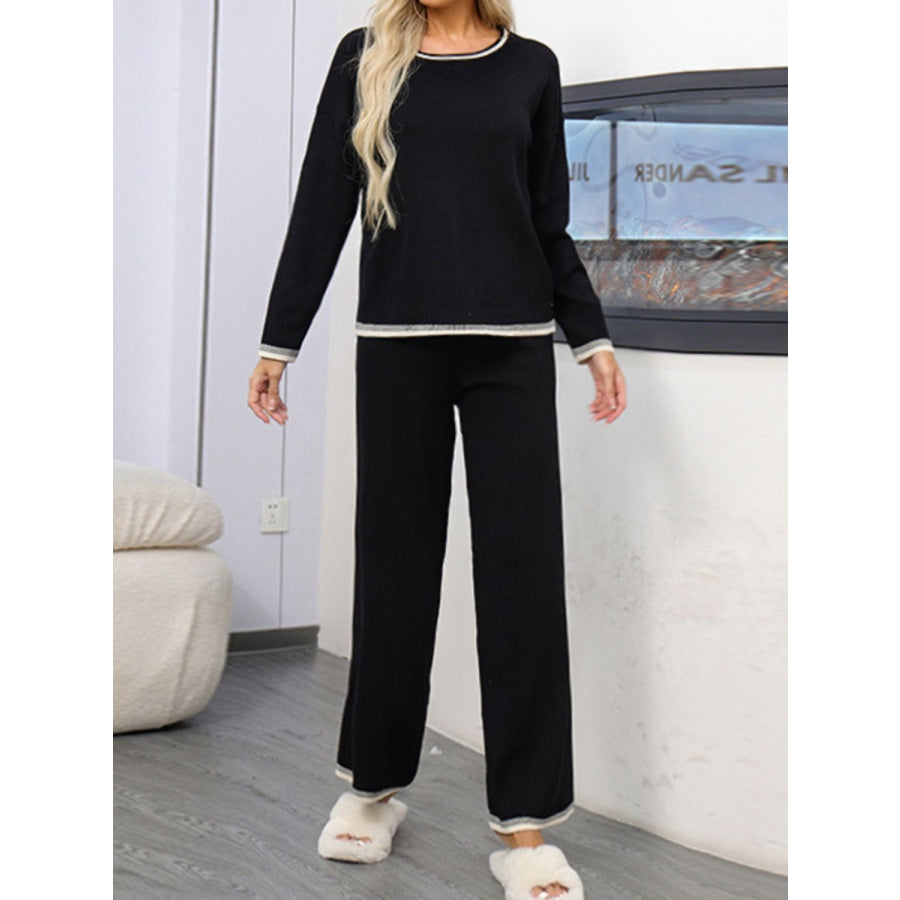 Contrast Trim Round Neck Top and Pants Sweater Set Apparel and Accessories