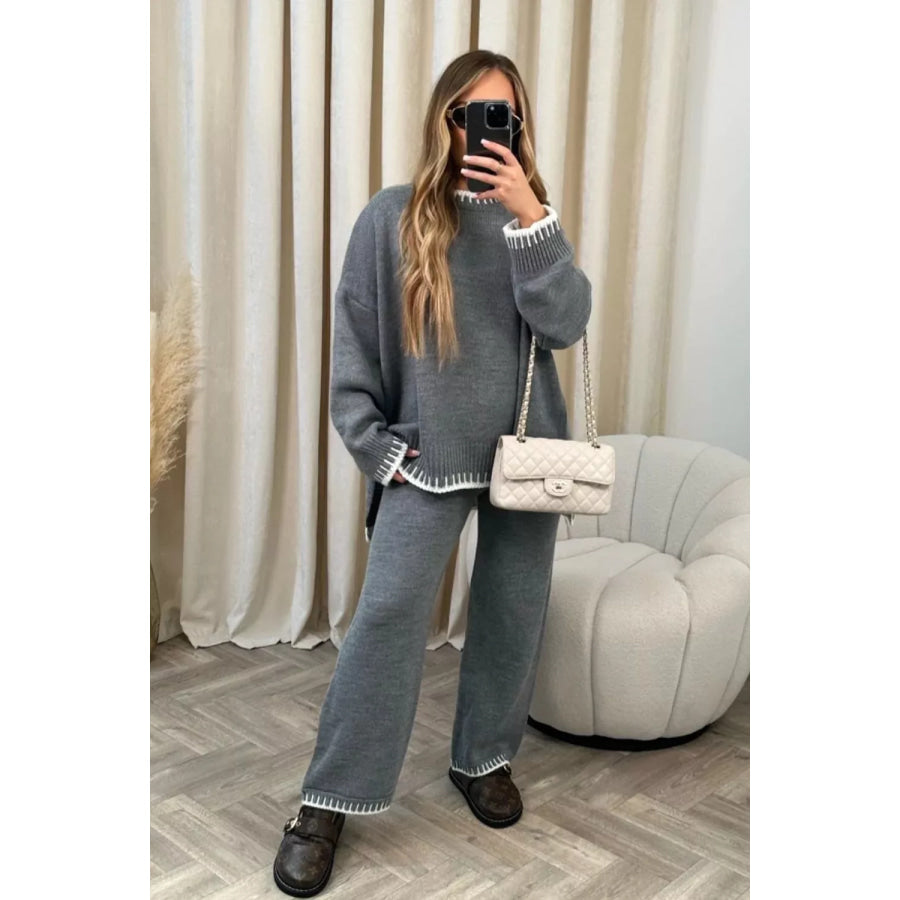 Contrast Trim Round Neck Top and Pants Sweater Set Apparel and Accessories