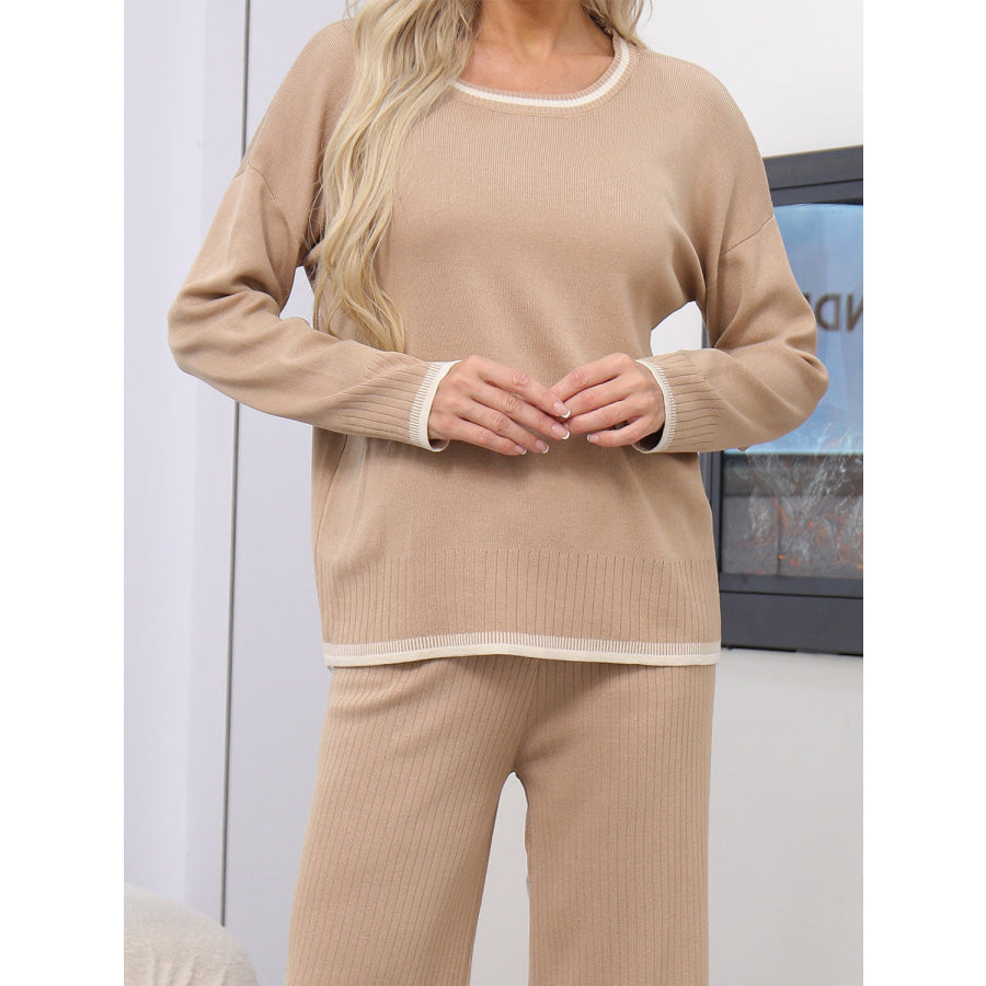 Contrast Trim Round Neck Top and Pants Sweater Set Apparel and Accessories