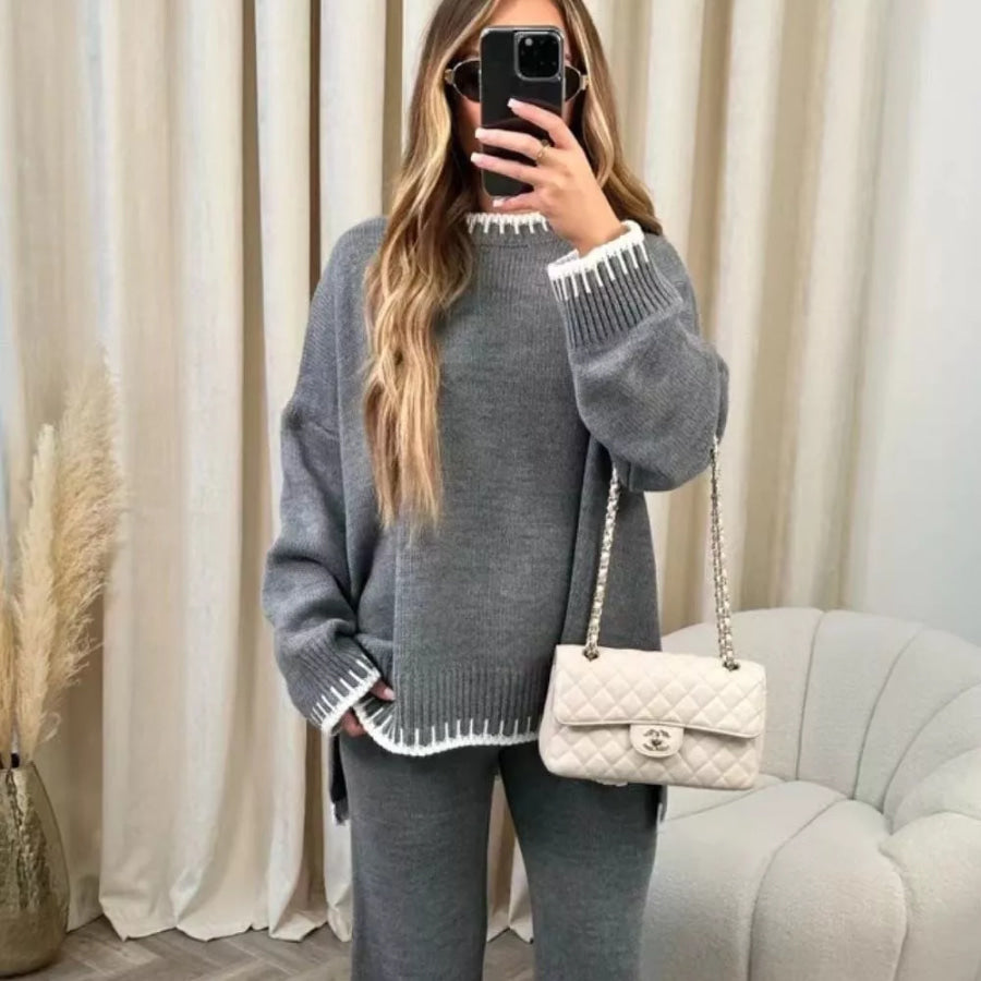 Contrast Trim Round Neck Top and Pants Sweater Set Apparel and Accessories