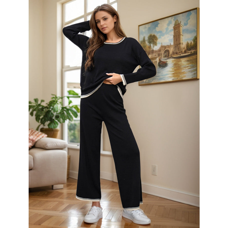 Contrast Trim Round Neck Top and Pants Sweater Set Black / One Size Apparel and Accessories