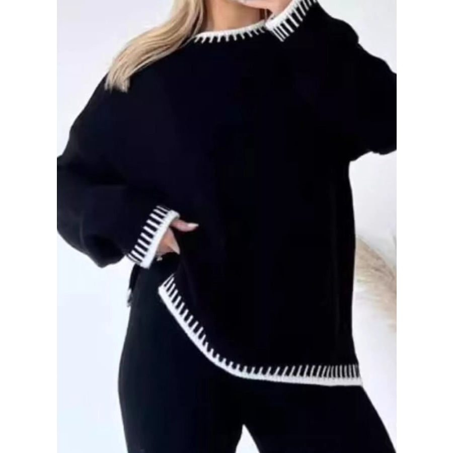Contrast Trim Round Neck Top and Pants Sweater Set Black / S Apparel and Accessories