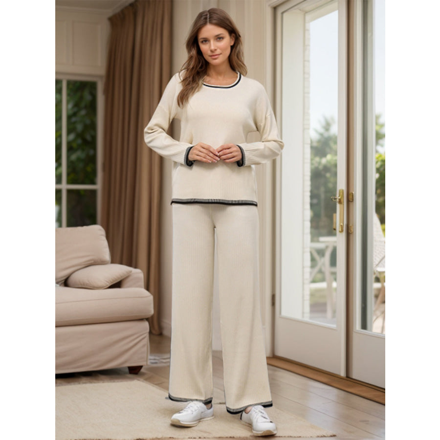 Contrast Trim Round Neck Top and Pants Sweater Set Cream / One Size Apparel and Accessories