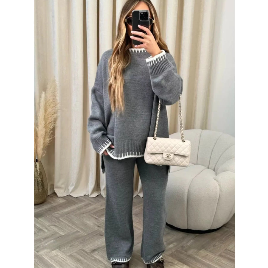 Contrast Trim Round Neck Top and Pants Sweater Set Gray / S Apparel and Accessories