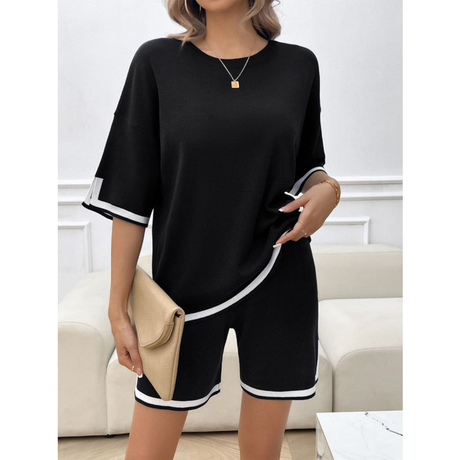 Contrast Trim Round Neck Top and Shorts Set Apparel and Accessories