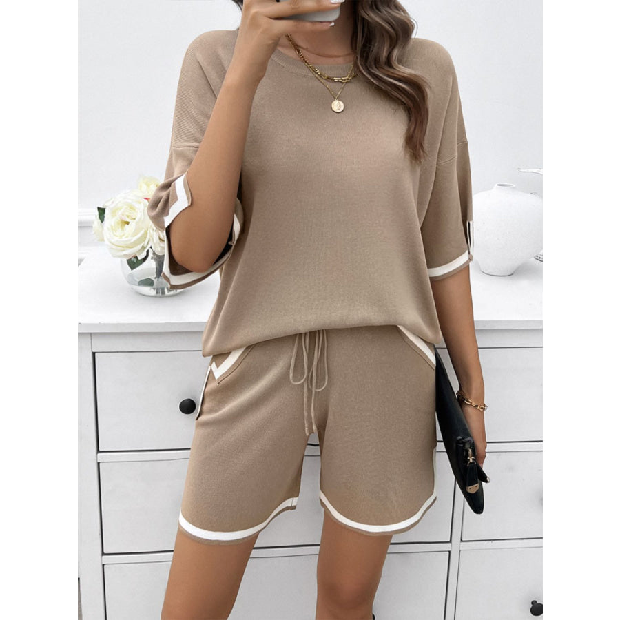 Contrast Trim Round Neck Top and Shorts Set Apparel and Accessories