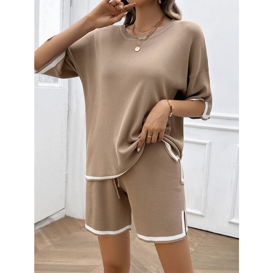 Contrast Trim Round Neck Top and Shorts Set Apparel and Accessories