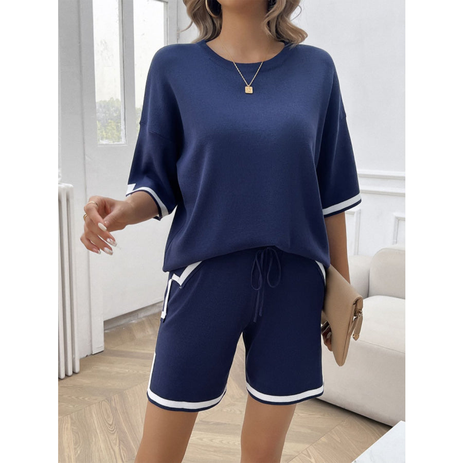 Contrast Trim Round Neck Top and Shorts Set Apparel and Accessories