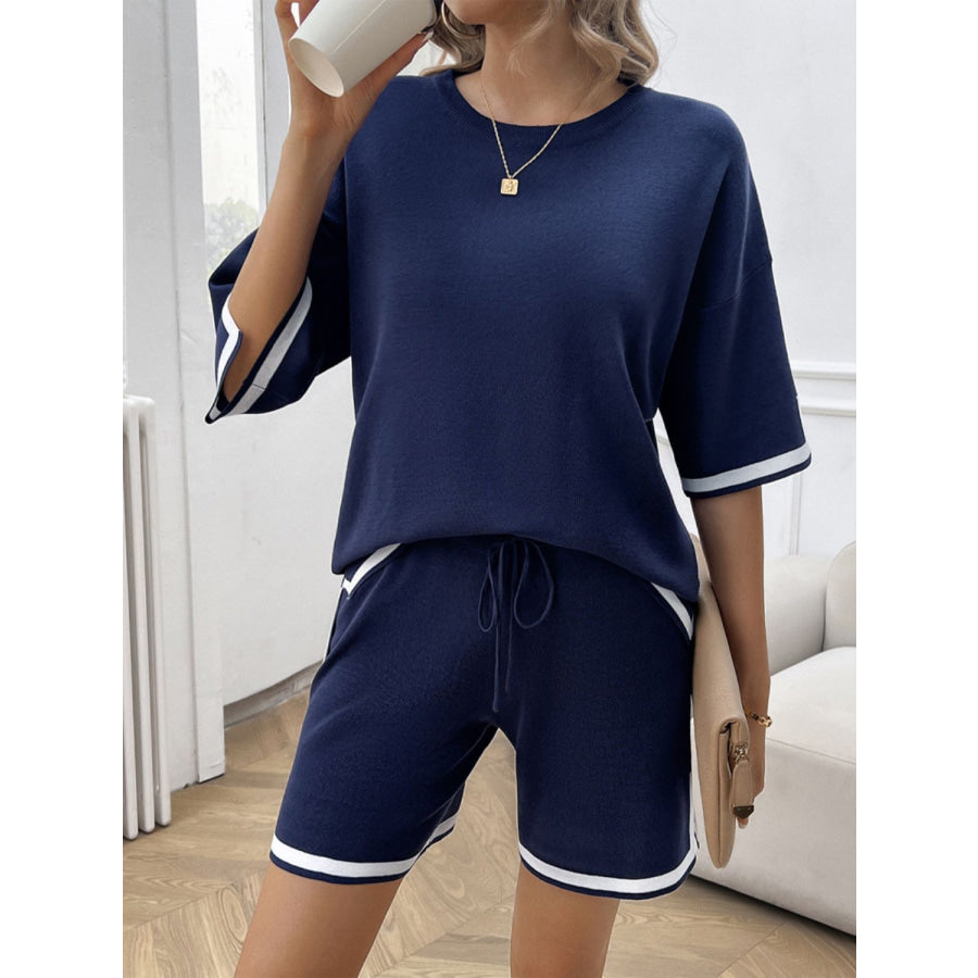 Contrast Trim Round Neck Top and Shorts Set Apparel and Accessories